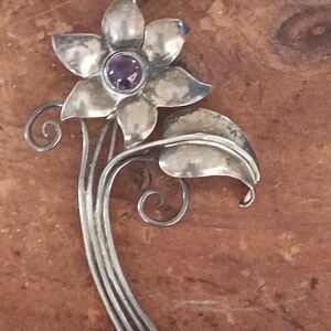 .545 OZ Troy 50's Fine Silver Flower Brooch Amethyst 3"  Hand wrought Signed
